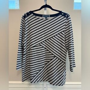 Karen Scott Striped Long Sleeve Top Black Gray Size L Button Shoulder